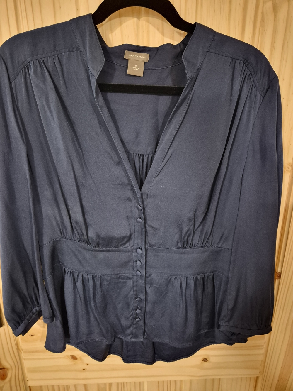 Ann Taylor Dark Navy Button-Front Silk Peplum Top